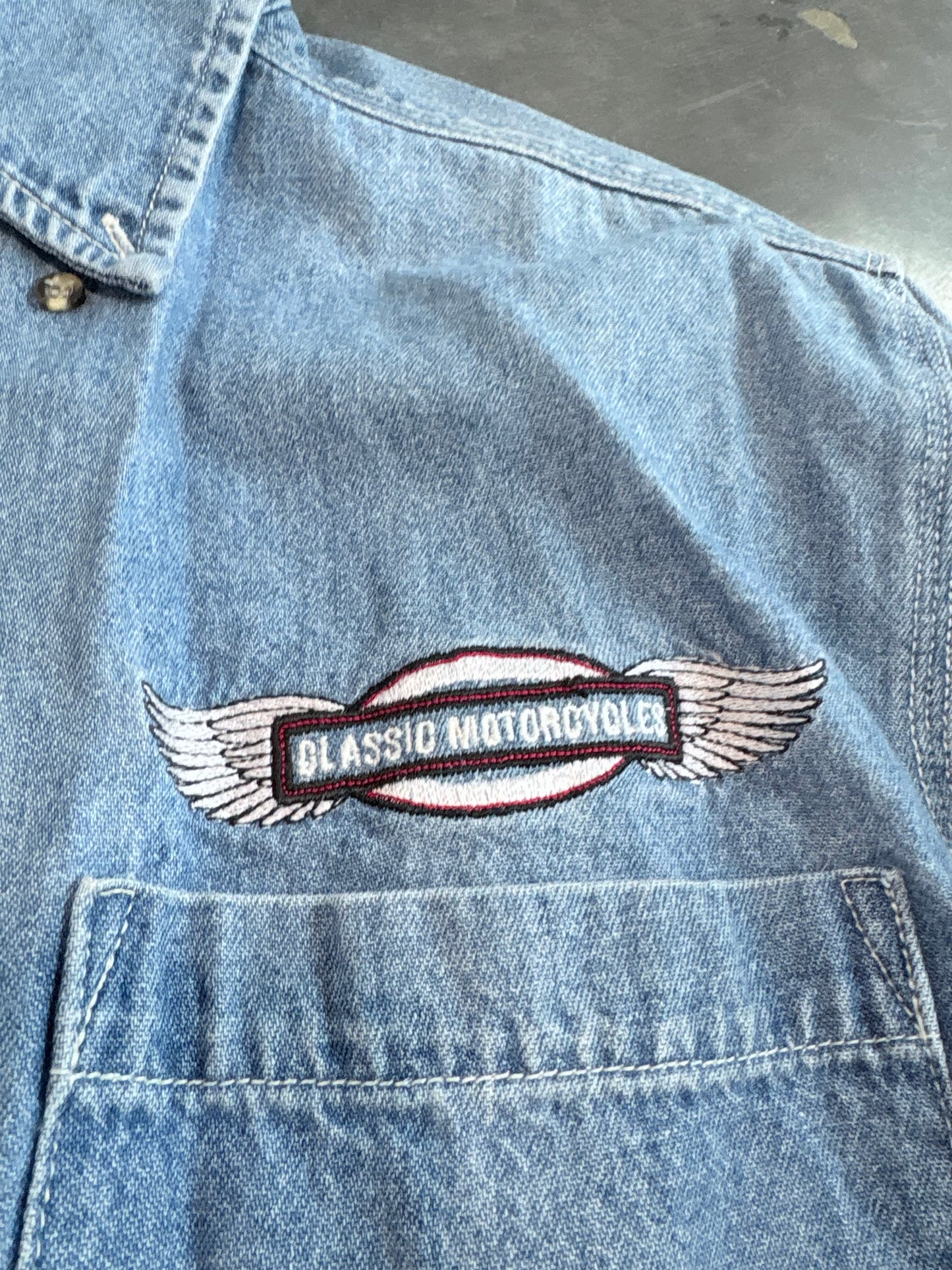 Y2K Classic Motorcycles Denim Button Up Work Shirt