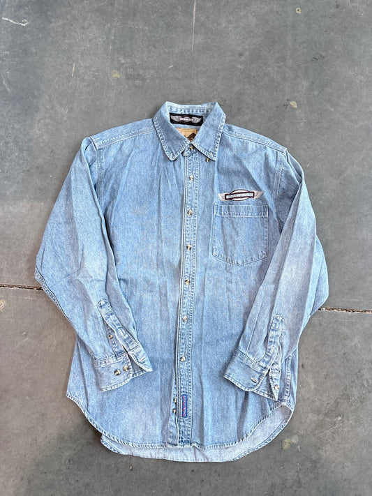 Y2K Classic Motorcycles Denim Button Up Work Shirt